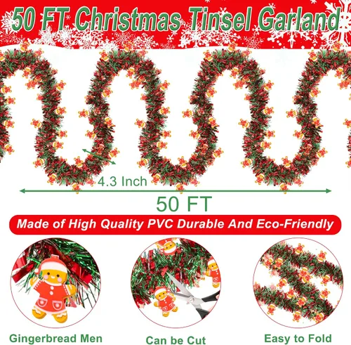 Miniatura 2 de Guirnalda de oropel de Navidad de 50 pies con adorno de hombre de jengibre, guirnalda metálica brillante roja y verde para árbol de Navidad, hogar