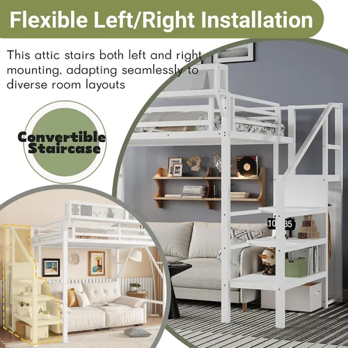 Miniatura 4 de Mirightone - Cama alta tamaño individual con escaleras y almacenamiento, base de cama de metal, estante de noche y gran espacio debajo, resistentes