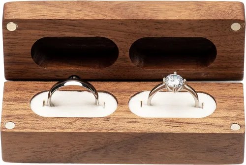 Miniatura 5 de Caja de doble anillo de madera para compromiso de ceremonia de boda, soporte de almacenamiento de anillos, caja decorativa para 2 anillos