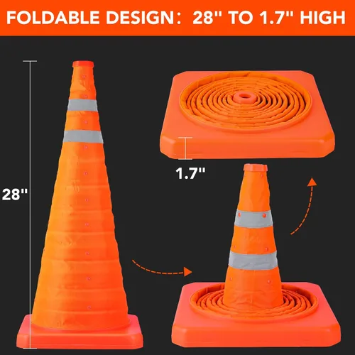 Miniatura 4 de Paquete de 2 conos de seguridad plegables de tráfico de 28 pulgadas, conos de estacionamiento con collares reflectantes, conos de seguridad naranjas