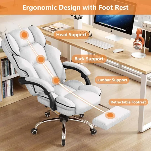 Miniatura 5 de Silla ejecutiva de oficina con respaldo alto, sillas de juegos para computadora, escritorio de cuero con reposapiés, trabajo ergonómico grande y Gris