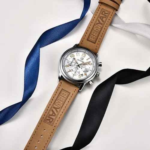 Miniatura 5 de BENYAR - Reloj de pulsera elegante para hombre, reloj de correa de cuero auténtico, movimiento de cuarzo perfecto, impermeable y resistente a