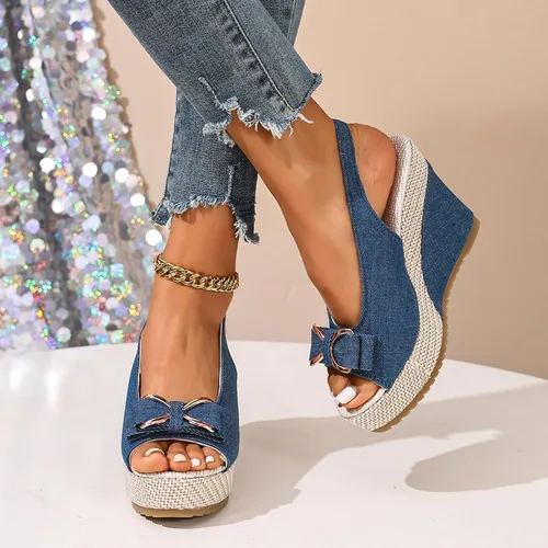 Miniatura 5 de Sandalias de cuña de mezclilla para mujer 2026 con puntera abierta, alpargatas con lazo, zapatos casuales de playa de verano para viajes, fiestas