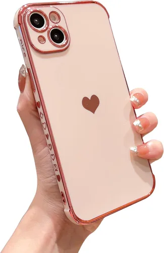 Miniatura 10 de DEFBSC Funda compatible con iPhone 15, con borde galvanizado, diseño de corazón con correa para la muñeca, protección completa de la cámara