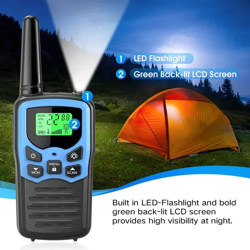 Miniatura 6 de MOICO Walkie Talkies de largo alcance para adultos con 22 canales FRS, Walkie Talkie familiar con linterna LED, pantalla LCD VOX para senderismo