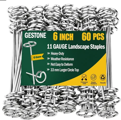 Miniatura 10 de 60 grapas de tela de paisaje, estacas de tela de paisaje de alta resistencia, estacas de barrera galvanizada de 6 pulgadas con herramienta