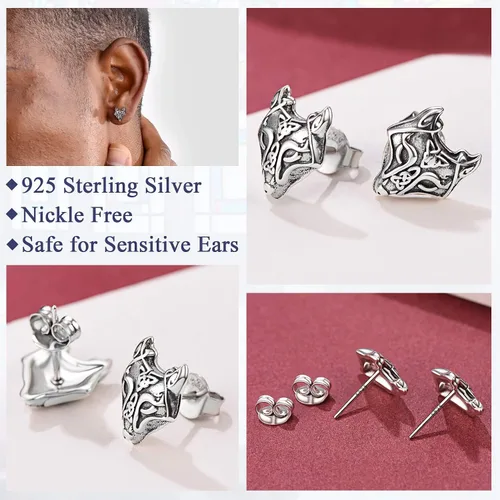 Miniatura 4 de FaithHeart Norse Vikingo Jewelry - Aretes de tuerca de plata de ley de acero inoxidable, lobo celtamartillo de Thors para mujeres y hombres, Acero