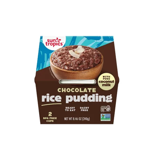 Sun Tropics Bocadillo de pudín de arroz con leche de coco, chocolate, vegano, sin lácteos, sin gluten, bajo en azúcar, sin OMG, tazas de pudín