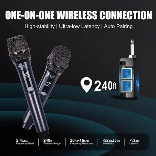 Miniatura 4 de Micrófonos inalámbricos - Micrófono de karaoke para cantar - Micrófono inalámbrico recargable con receptor de doble canal - Rango de 240 pies