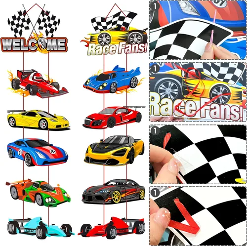 Miniatura 4 de Cartel de bienvenida para puerta de coche de carreras, decoración de fiesta de cumpleaños para fanáticos de carreras, suministros de baby shower