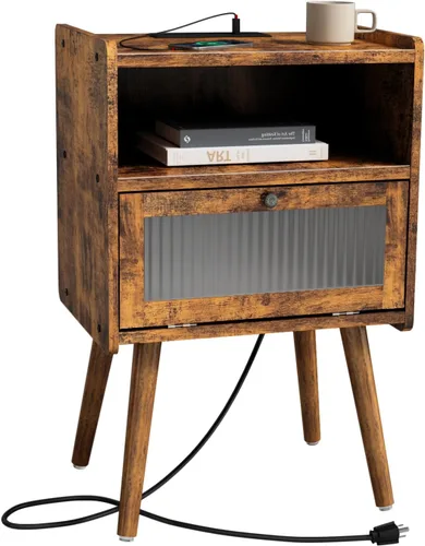 Miniatura 11 de Mesita de noche moderna de mediados de siglo, mesa auxiliar con almacenamiento, mesitas de noche con puerta de cristal, mesa auxiliar con patas