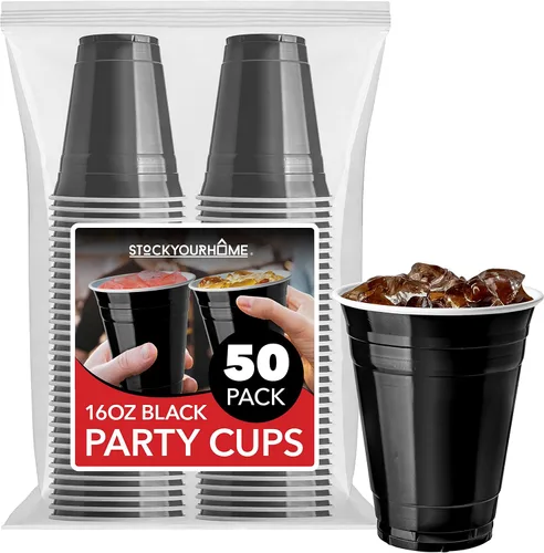 Stock Your Home Vasos de plástico negros desechables, 16 onzas (50 unidades) resistentes, paquete de vasos grandes para fiesta, paquete a granel