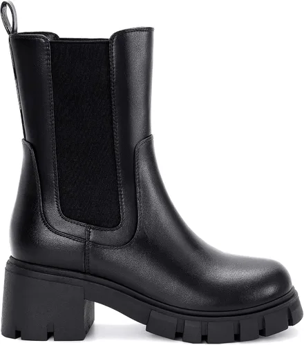 Miniatura 2 de Athlefit Botas Chelsea de plataforma a media pantorrilla para mujer, suela de lengüeta, tacón grueso, botines de cuero elástico