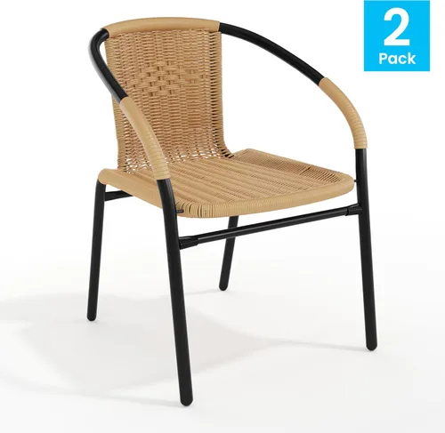 Miniatura 4 de Flash Furniture Lila Paquete de 2 Sillas Apilables de Ratán Beige para Restaurante Interior-Exterior