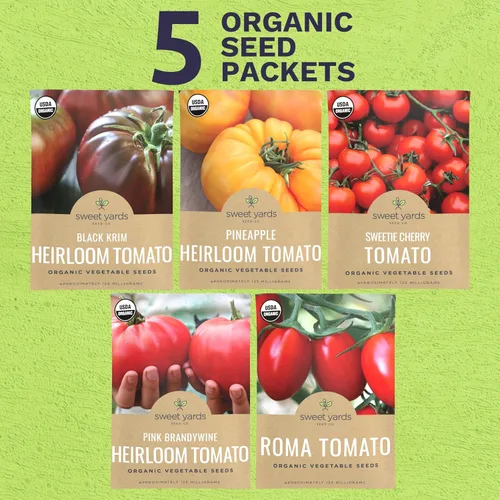Miniatura 2 de Paquete variado de semillas de tomate orgánico – 5 paquetes individuales – Temporada 2026 – Roma, Brandywine rosa, cereza Sweetie, Krim negro