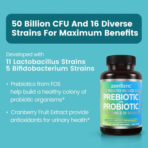 Miniatura 3 de Zentastic Suplemento de probióticos y prebióticos – 50 mil millones de UFC – para hombres y mujeres, salud inmune y digestiva – 16 cepas – estable