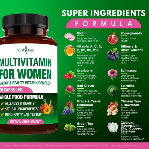 Miniatura 2 de NEW AGE Multivitamínico para mujer, complejo B, alimentos integrales, soporte para el cabello, hierro, multivitamínico todo en 1 para mujer