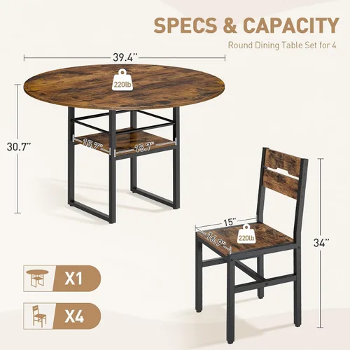 Miniatura 2 de RALGEND Juego de mesa de comedor redonda para 4, mesa de cocina y sillas de 5 piezas con estante de almacenamiento, juego de mesa circular con mesa