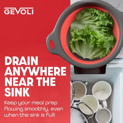 Miniatura 5 de Gevoli - Colador con base autodrenante (5QT) para sobre el fregadero, juego de colador plegable de cocina con base de drenaje lateral para pasta