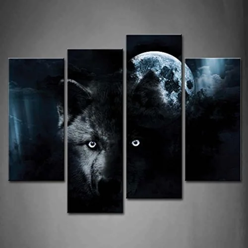 Arte de pared de 4 paneles de lobo negro y luna llena, impresión sobre lienzo, imágenes de animales para decoración del hogar, pieza de regalo