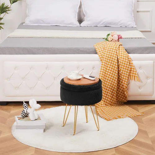 Miniatura 8 de Reposapiés Taburetes Redondos de Piel Sintética Otomana con Espacio de Almacenamiento Silla de Tocador Suave Asiento Mesa de Centro Otomana Mesa