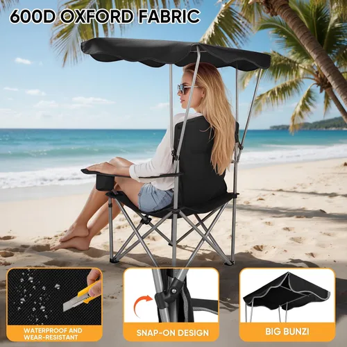 Miniatura 4 de Northroad Sillas de camping plegables con toldo y silla de playa con portavasos, reposabrazos y bolsa de transporte para viajes al aire libre, Negro