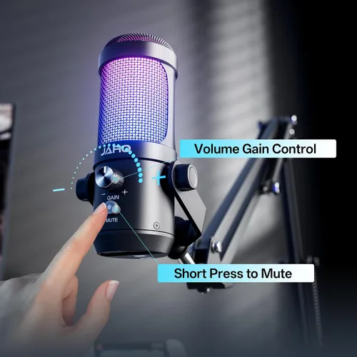 Miniatura 5 de JARO Micrófono USB para podcast con brazo de brazo, micrófono de condensador de estudio con monitoreo en tiempo real, silencio, control de volumen