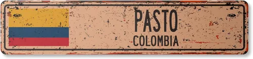 PASTO Colombia - Letrero de calle de aluminio vintage con bandera colombiana, ciudad, campo, camino, metal rústico, regalo de pared,