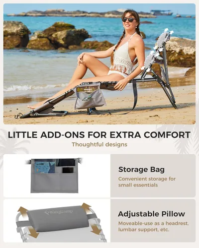Miniatura 6 de KingCamp Silla de bronceado con agujero facial, sillas de descanso plegables para exteriores, cómodas, ajustables, de 5 posiciones, tumbona plegable
