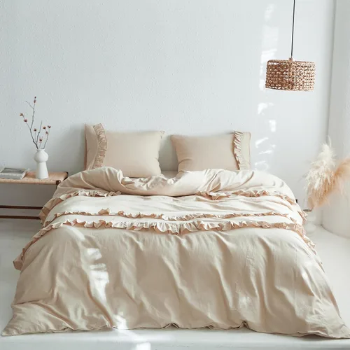 Miniatura 10 de Simple&Opulence Juego de funda de edredón de algodón de lino con volantes, 3 piezas, ropa de cama con textura suave con bordes decorativos