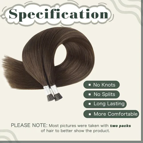Miniatura 3 de Sixstarhair Extensiones de cabello humano de queratina con punta en I de 14 pulgadas, color marrón chocolate, extensiones de cabello lacio y sedoso