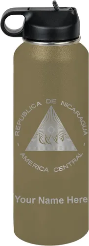 Miniatura 69 de LaserGram Botella de agua personalizada, bandera de Nicaragua, acero inoxidable de doble pared aislada al vacío con popote superior, regalo grabado
