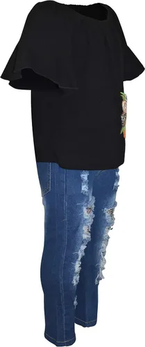 Miniatura 6 de Unique Baby Conjunto de jeans rasgados de mezclilla con estampado de animales para niñas, Granate