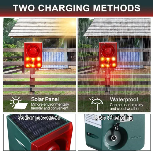 Miniatura 6 de Qualirey Sensor de movimiento solar para exteriores, alarma disuasoria de animales, sonido de disparo, alarma de ladridos de perro, generador