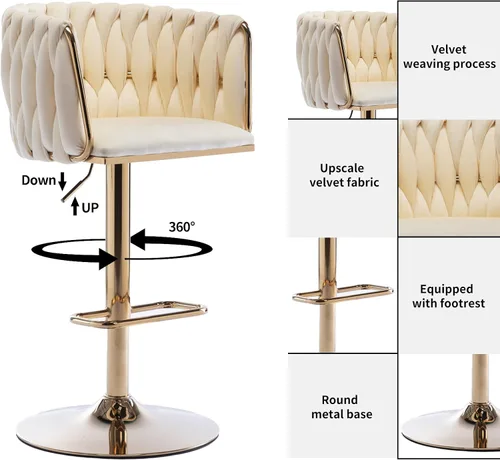 Miniatura 7 de Taburete de bar, taburetes de bar tejidos de terciopelo, taburetes de bar giratorios de altura de mostrador ajustable con respaldo bajo y base