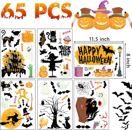 Miniatura 3 de Decoración de Halloween para decoración de Halloween, 6 hojas de cuervos de doble cara, murciélagos, arañas, fantasmas, calcomanías de vidrio