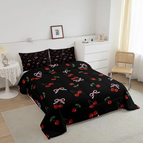 Miniatura 3 de Feelyou Juego de ropa de cama con lazos bonitos y cerezos, tamaño individual, para niños, juego de edredón con lazos de acuarela para niños, niñas