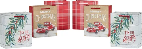 Hallmark Paquete pequeño de bolsas de regalo rústicas de Navidad de 6 pulgadas (6 bolsas: Camión rojo, 'Es la temporada', a cuadros rojo y blanco)