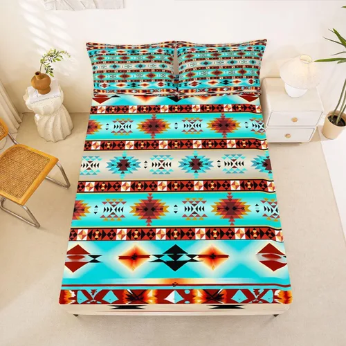 Miniatura 32 de Juego de ropa de cama de estilo bohemio occidental, tamaño individual, diseño de vaca atrapasueños, sábana bajera ajustable del suroeste, tribu