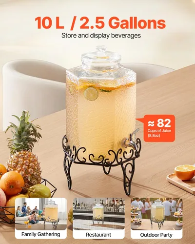 Miniatura 2 de VEVOR Dispensador de bebidas, dispensador de bebidas de 2.5 galones para fiestas, dispensador de jugo de vidrio con soporte de metal, grifo de acero