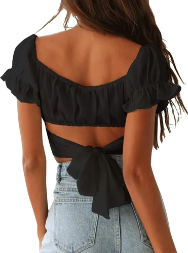 Miniatura 2 de LYANER - Blusa ombliguera para mujer de manga corta con volantes, nudo en la espalda y hombros descubiertos, blusa estilo Bardot