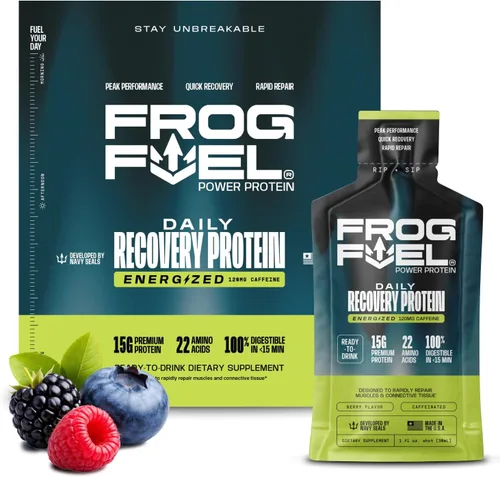 Frog Fuel Power Energized Protein Shot, 15g de proteína Colágeno Nano-hidrolizado de animales alimentados con pasto, 120mg de cafeína, Sin grasa ni
