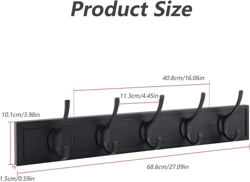 Miniatura 7 de HOME MASTER HARDWARE Perchero de pared negro, ganchos de pared de MDF para colgar abrigos, estante decorativo para sombreros de 27" para pared con 5