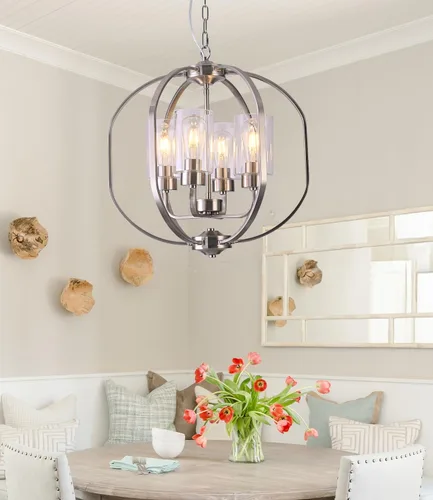 Miniatura 7 de BOZO Candelabro de globo de níquel cepillado de 20 pulgadas, lámpara colgante moderna de 4 luces para comedor y vestíbulo con pantallas de vidrio
