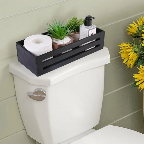 Miniatura 4 de LotFancy Caja de decoración de baño, paquete de 2 soportes de madera para papel higiénico, cesta negra para tanque de inodoro, cesta de Negro