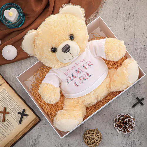 Miniatura 5 de Jexine 2 piezas de peluche de oso de boda de 10 pulgadas con texto en inglés "Will You Be My Flower Gril Bear Bearer", anillo de propuesta de regalo