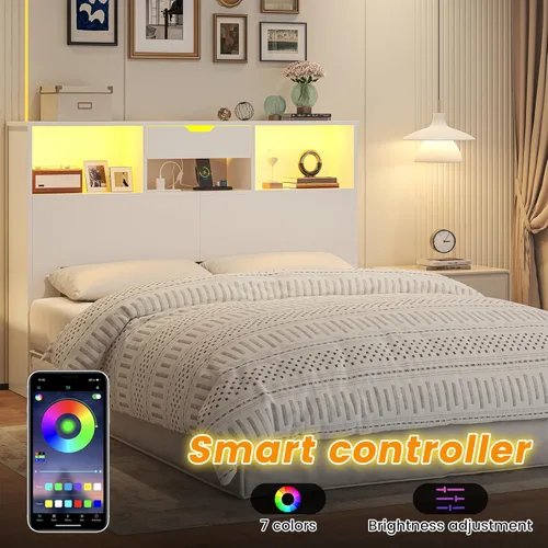 Miniatura 3 de Cabecero para cama tamaño Queen con estante de almacenamiento y cajones, cabeceros profundos de madera con estación de carga y luces LED, cabecera