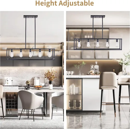 Miniatura 7 de Lámparas de Cocina para Comedor, Candelabros Rectangulares de Estilo Granja para Comedores, Lámpara Colgante Industrial de 5 Luces en Negro Mate