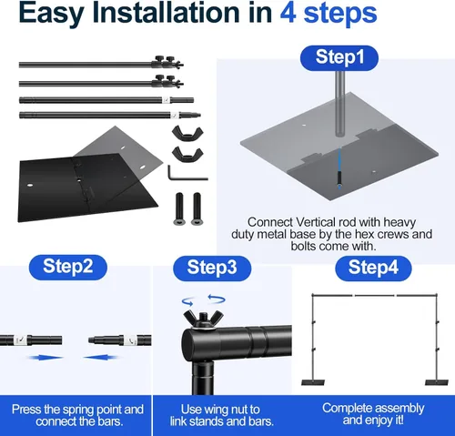 Miniatura 7 de Soporte para Telón de Fondo EMART, 6.5 x 10 pies, Ajustable, Kit de Tubo y Telón para Fotografía con Base Plana de Metal Resistente para Fiestas