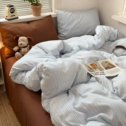 Miniatura 38 de AOJIM Blue & Brown Striped Duvet Cover Set Twin Size 100% Washed Cotton Stripe Bedding Set 3-Piece, Soft Zipper Comforter Cover and 2 Pillowcases